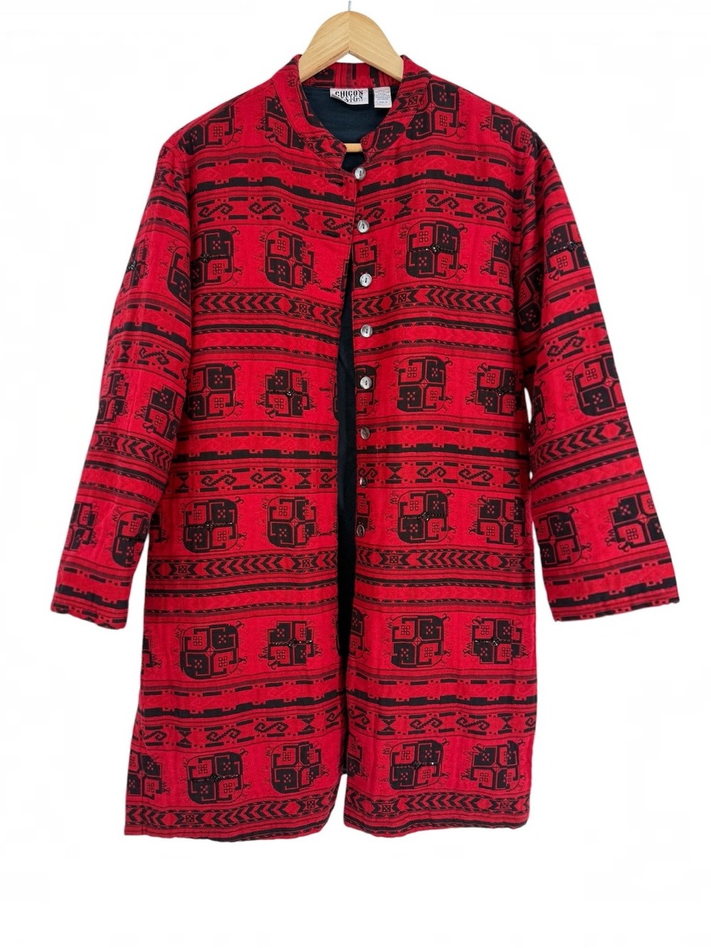 Chico's Red Nehru Jacket Beaded size 2 (L) Button Up Longline Vintage Cotton